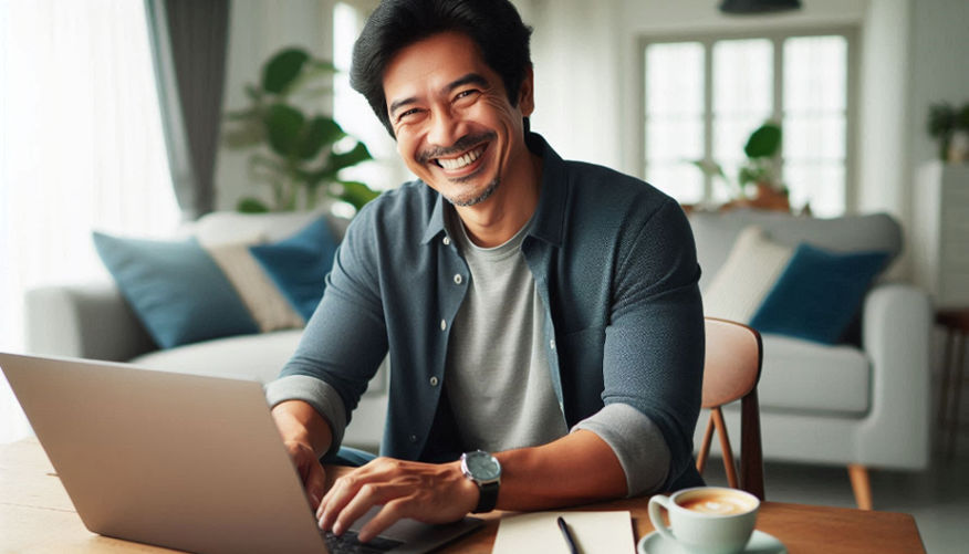 Effective Learning Techniques for Online Slot Enthusiasts An Indonesian man smiles widely while using a laptop sitting comfortably in a bright cozy room - Effective Learning Techniques for Online Slot Enthusiasts