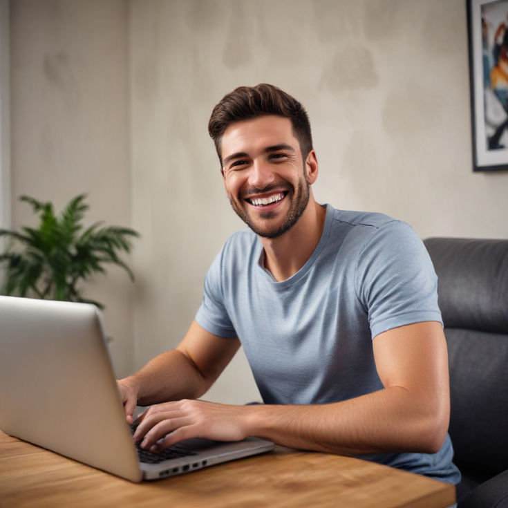 5 Reasons Why Learning Baccarat Strategies Boosts Your Chances on Online Gambling Sites A man sits at home using his laptop smiling in victory suggesting a successful online gaming win - 5 Reasons Why Learning Baccarat Strategies Boosts Your Chances on Online Gambling Sites